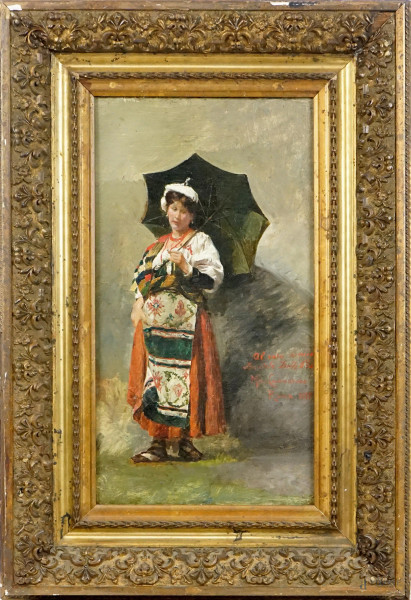 Popolana con ombrello, olio su tela, cm 40x23,5, firmato M. Cammarano, entro cornice.