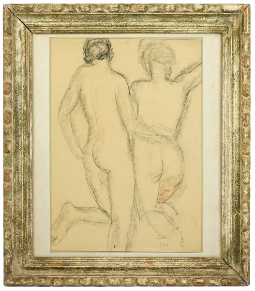 Andr&#233;-Albert Tondu - L'abbraccio, matita e carboncino su carta applicata su cartone, cm 49,5x42, datato 1929, entro cornice.