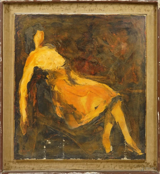 Donna seduta, XX secolo, olio su tela, cm 90x81, entro cornice, difetti)