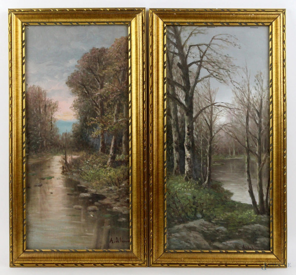 Coppia di paesaggi fluviali, olio su tela, cm.37x18, firmati A. De Simone, entro cornice.