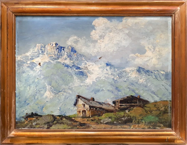 Artista di inizio XX secolo, Rifugio alpino, olio su tela applicata su cartone, cm 50x68, firma poco leggibile, con cornice coeva