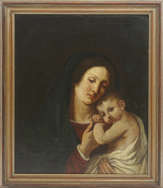 Scuola emiliana del XVII secolo, Madonna con Bambino, olio su tela, cm 67,5x55,5, (difetti)