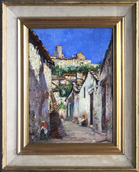 Scorcio di paese, olio su tavola firmato Petrassi, cm 43 x 31, entro cornice.