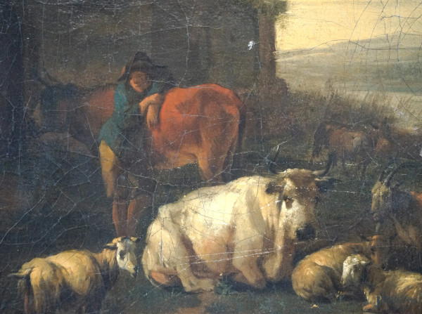 Pittore del XVIII secolo, Paesaggio con pastore e armenti, olio su tela, cm 36,5x44,5, entro corn...
