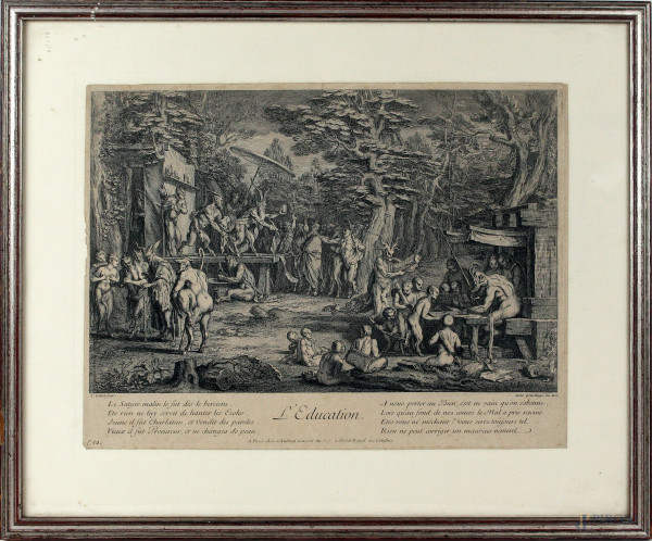 Claude Gillot - L'Education/Le Mariage, de la série Vie des Satyres, acquaforte, cm. 26x34,5, entro cornice.