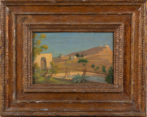 Hans Fluggen (1875-1942), Scorcio di campagna con tralcio di vite, olio su carta applicata su compensato, firmato in basso a sinistra, cm 16x24, entro cornice, (lievi segni di usura, cadute di colore)