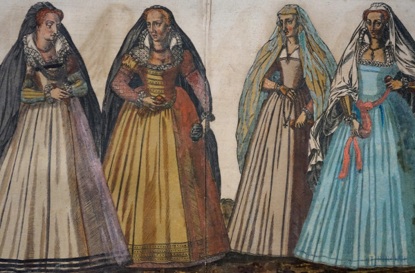 Lotto composto da 7 stampe inglesi sulla storia del costume, ritoccate a colori, XIX secolo, cm 2...