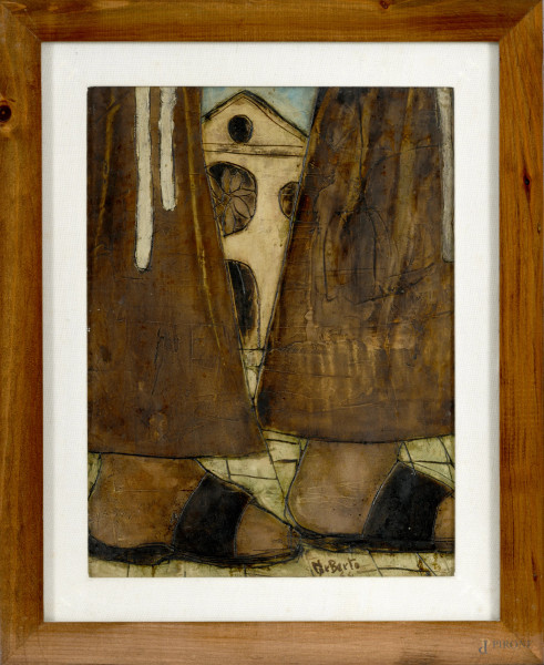 Norberto Proietti (Spello, 1927 – Spello, 2009), Piedi e Cattedrale, olio su tavola, cm  45x34 entro cornice