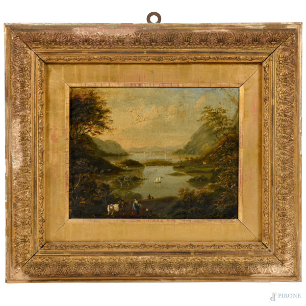 Veduta lacustre, XIX secolo, olio su tavoletta, cm 17,5x22,5, entro cornice (craquelure)