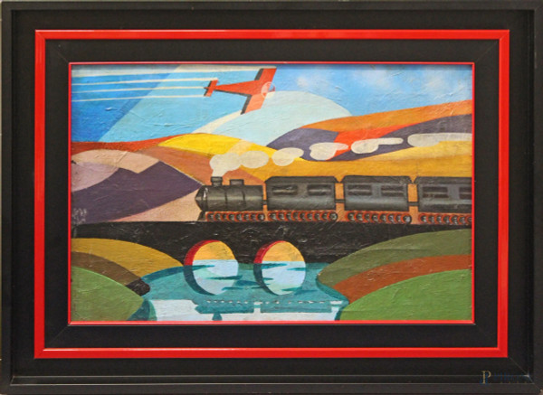 Aeropittura con treno, olio su cartone, XX sec., cm 40 x 60, entro cornice.