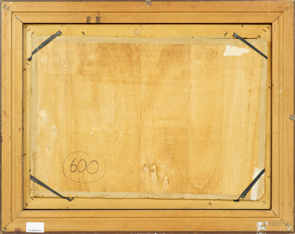Quattro uomini e una donna, olio su compensato, firmato in basso a destra Maccari, cm 52x76, entr...