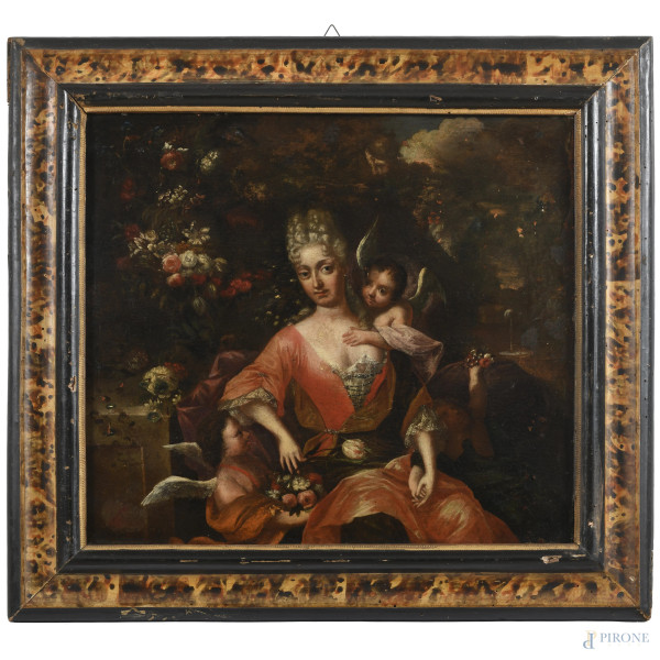 Gentildonna con putti, XVIII secolo, olio su tela, cm 43,5x47,5, entro cornice, (segni di usura, craquelure, cadute di colore)