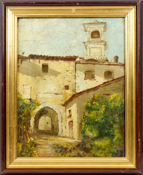 Scorcio di borgo, olio su tela, cm 45x34, firmato, entro cornice.