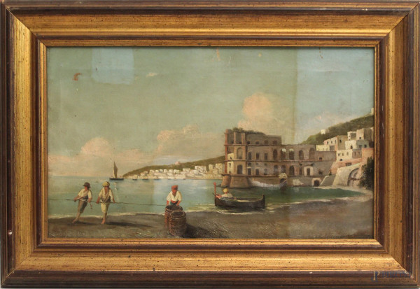 Scorcio di costa con pescatori, olio su tela 28x46 cm, entro cornice.