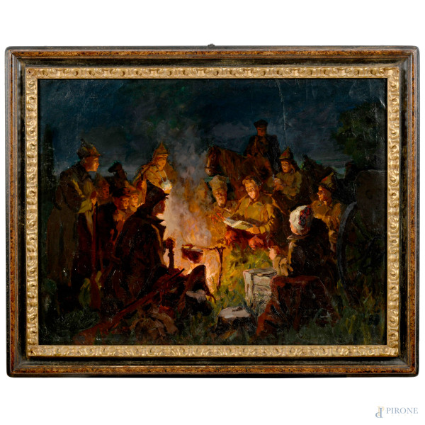 Artista russo del XX secolo, Accampamento, olio su tela, cm 64x84 iscritto e datato "1952" al retro, entro cornice (craquelure, sollevamenti di colore, battitura del telaio)