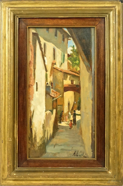 Scorcio di paese con figure, olio su tavoletta, firmato in basso a destra, cm 34,5x18, entro cornice