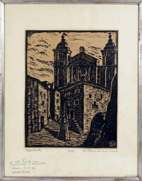 Attilio Freschi - La chiesa dei miei ricordi, xilografia, es. 7/20, cm. 28x22, entro cornice