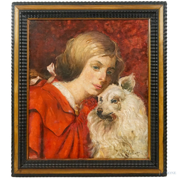 Ritratto di fanciulla con cagnolino, olio su tela riportata su cartone, cm 51,5x43,5, firmato Giuseppe Palanti, entro cornice.