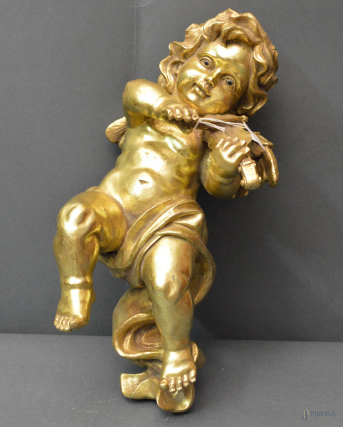 Putto musicante, scultura dorata, h.35 cm.