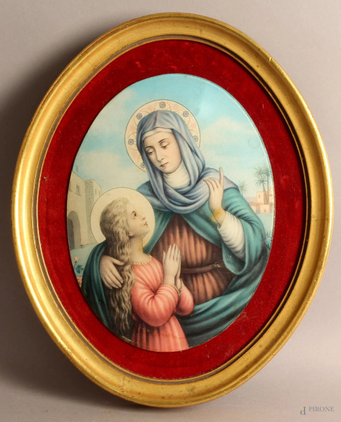 Stampa colorata sotto vetro raffigurante Madonna ad assetto ovale, cm. 23,5x17,5, entro cornice.