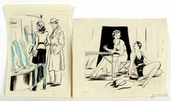 Luigi  Bompard - Due disegni raffiguranti scene diverse, tecnica mista su carta, misure max 18,5x23