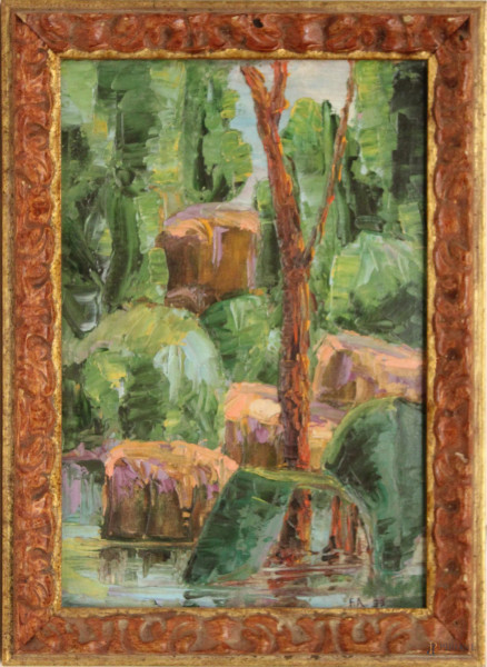 Scorcio di bosco, olio su cartone telato,  cm 32 x 21, siglato e datato, entro cornice.