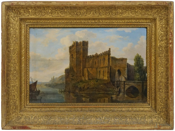 Attr.a Joseph Carl Cogel (1785-1831), Castello sul lago, olio su tavola, cm 32x49,5, firmato, entro cornice.