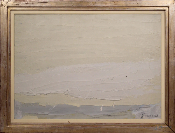 Piero Giunni - Cielo afoso sulla laguna grigia, olio su tela applicata su tavola, 50x70 cm, entro cornice.
