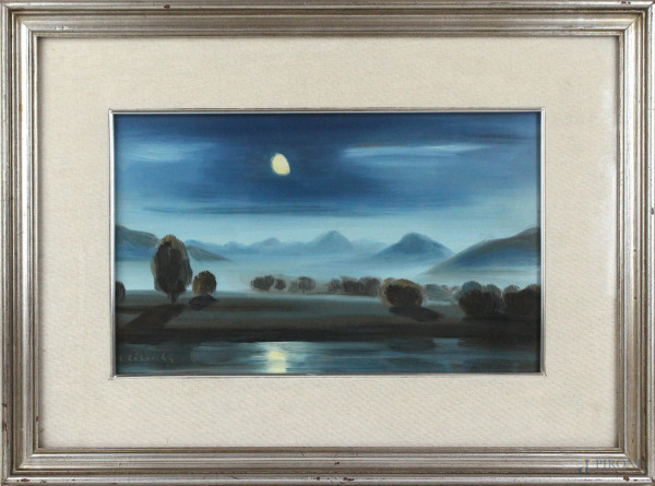 Paesaggio al chiaro di luna, olio su tavoletta, cm. 21x34, firmato e datato, entro cornice.