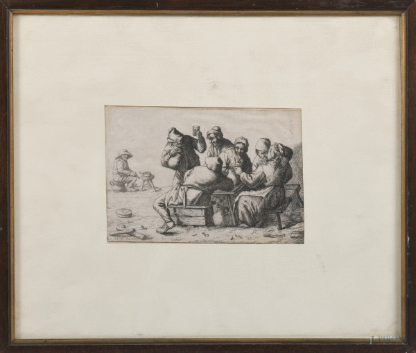 Incisione raffigurante scena di taverna, XIX secolo, cm 10x14, (segni di usura, tracce di piegatura)