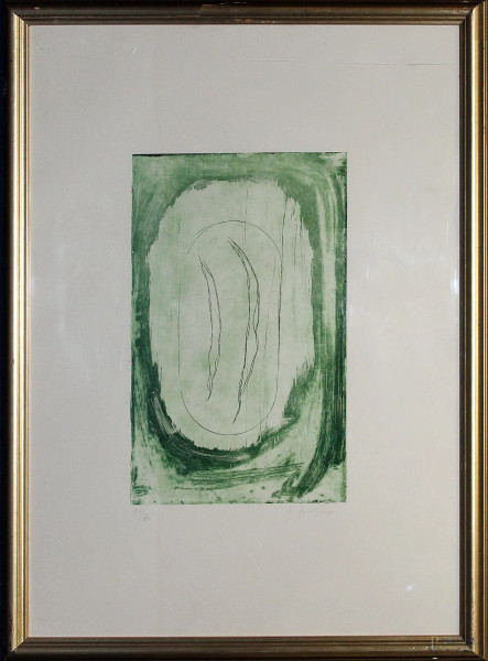 Composizione astratta, lito 15/60, 70x50 cm, a firma Fontana, priva di archiviazione.