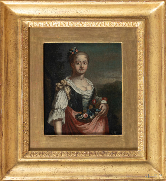 Donna con cesta, XIX secolo, olio su tela, cm 23x18, entro cornice, (segni di usura, piccole cadute di colore, craquelure, abrasioni, difetti)