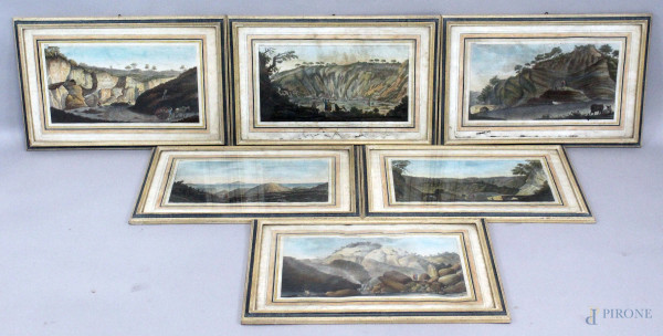 Lotto di sei stampe acquerellate raffiguranti paesaggi con gentiluomini e operai, cm 29,5x48, entro cornici.