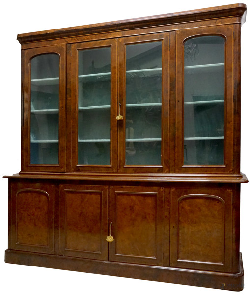 Grande libreria in legno impiallacciato, Inghilterra, XIX-XX secolo, cm 250x240x59