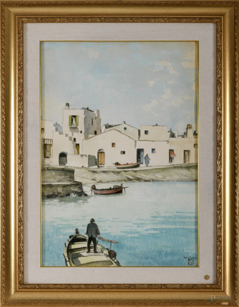 Aldo Riso (Santa Maria di Leuca, 1928 – Roma, 2008) , Porto siculo, acquerello su carta, titolato e firmato in basso a destra, cm 75x55 compreso passepartout entro cornice