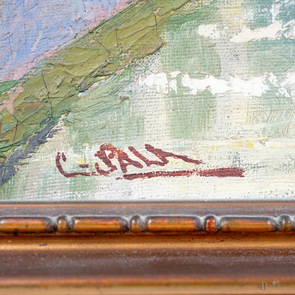 Paesaggio con ponte, tela su cartone, cm 26,5x38, firmato "C. sala in basso a sinistra", entro co...