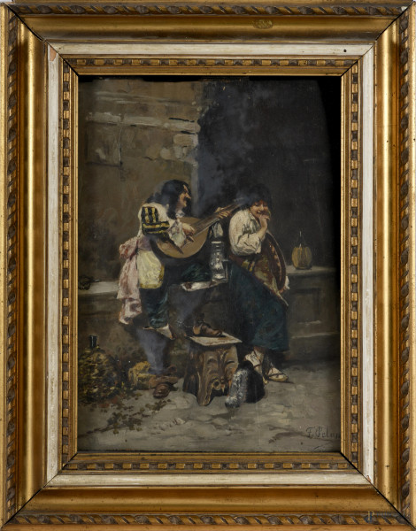 Suonatore di liuto, olio su tavoletta, cm 31x22, firmato "F. Peluso" in basso a  destra, entro cornice, (difetti)