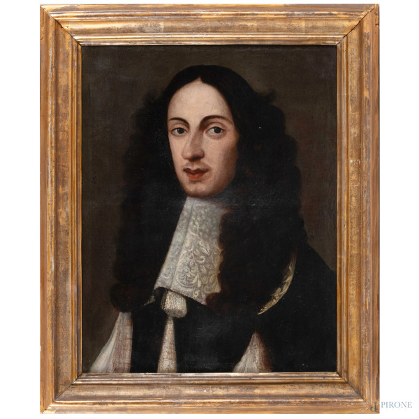 Ritratto di uomo con gorgiera, fine del XVIII secolo, olio su tela, cm 55x43, entro cornice, ( ondulazioni della tela, piccolo sollevamenti di colore)