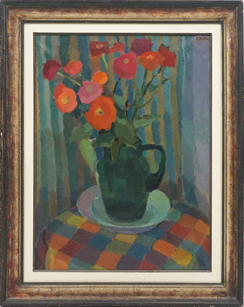 Vaso con fiori, olio su tela, cm 59x45, firmato, entro cornice