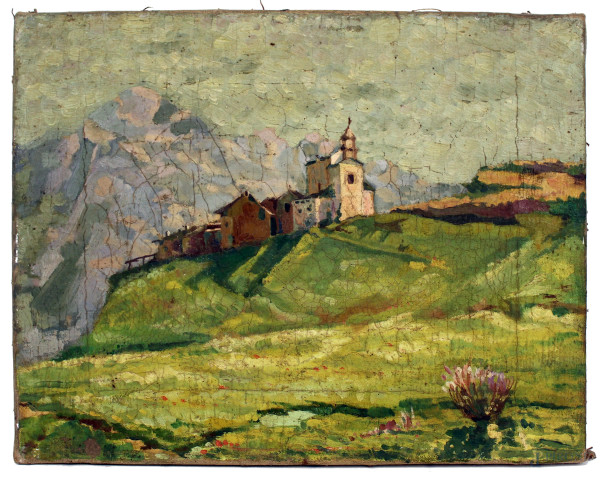 Paesaggio con chiesa, olio su tela, cm 32x40, inizi XX secolo.