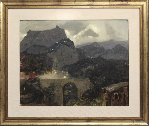 Alessio Issupoff - Monte Pellegrino a Palermo, dipinto su cartone telato, cm 38 x 50, entro cornice.
