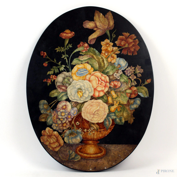 Placca ovale in scagliola raffigurante vaso con fiori, XX secolo, cm 48x37, (piccole mancanze)