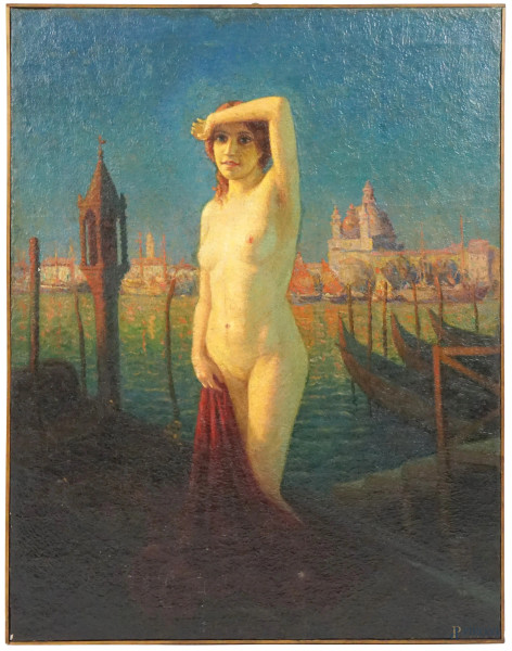 Pittore divisionista, Nudo femminile a Venezia, olio su tela, cm 99,5x77,5, (piccole cadute di colore)