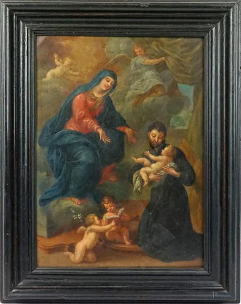 Pittore del XVIII secolo, Madonna con Bambino e San Luigi, olio su rame, cm 32x23, entro cornice.