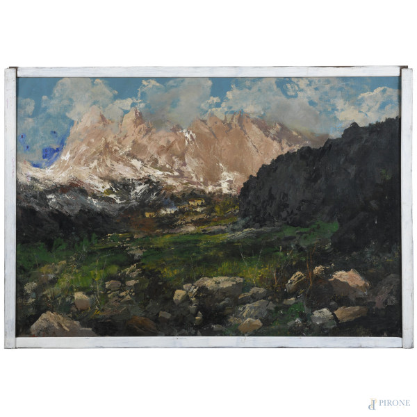 Veduta montana, XX secolo, olio su tela, cm 70,5x100,5, entro cornice, (segni di usura, tela da ritensionare, piccole abrasioni e sollevamenti di colore, lacerazioni)