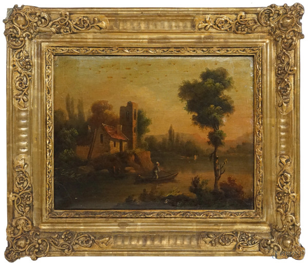 Pittore del XIX secolo, Paesaggio con rematore in barca, olio su tela, cm 24x32, entro cornice.