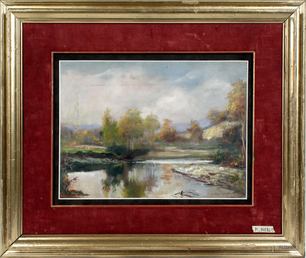 Paesaggio fluviale con alberi, olio su tavola, dipinto double-faces, cm. 27x38, a firma M. Merlo, entro cornice.