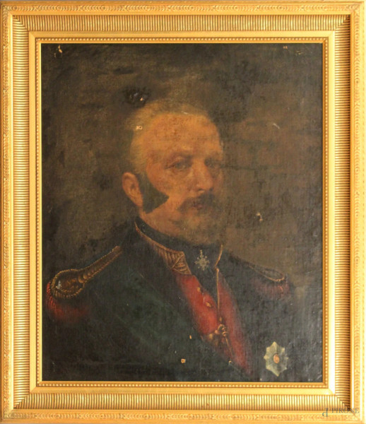 Ritratto di ufficiale, olio su tela, cm, 60x50, XIX sec., entro cornice dorata, (difetti nella tela).