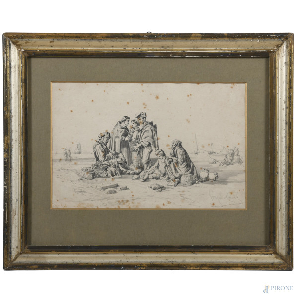Prima della partenza, XIX- XX secolo, disegno a tecnica mista su carta, cm 35,5x45,5 compreso passepartout, firmato in basso a destra, entro cornice, (segni di usura, foxing, gore, tracce di umidità, difetti)