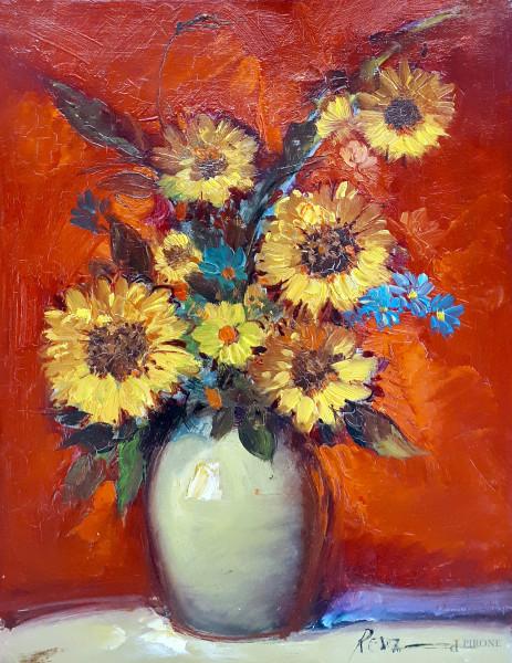 Jonathan Resz - Vaso con fiori, olio su tela applicata su cartone, cm 41x31, firmato